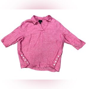 100% Linen Tahari Pink Popover V Neck Blouse with Button Accent Size 3X